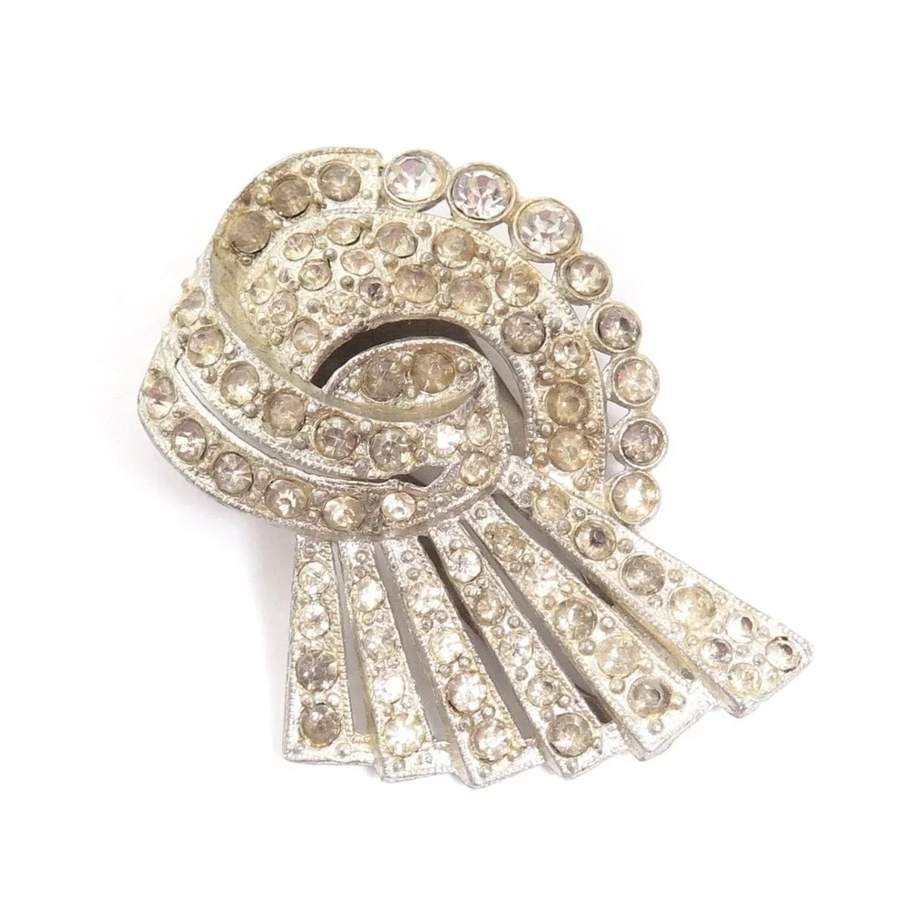 Vintage Art Deco Silver Potmetal Rhinestone Dress Clip Buckle
